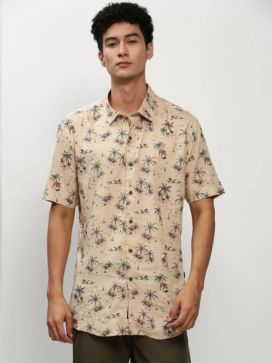 Men Beige Floral Casual Casual Shirts