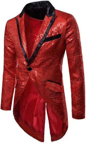 Men Sequin Tailcoat Single Button Lapel Collar Blazer Sllim Fit Tuxedo Jackets Casual Dinner Jackets Halloween Cosplay