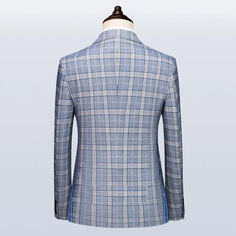Men Suit - Blue-Grey Plaid Double-Breasted Suit