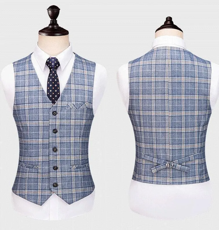 Men Suit - Blue-Grey Plaid Double-Breasted Suit