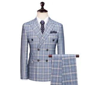 Men Suit - Blue-Grey Plaid Double-Breasted Suit