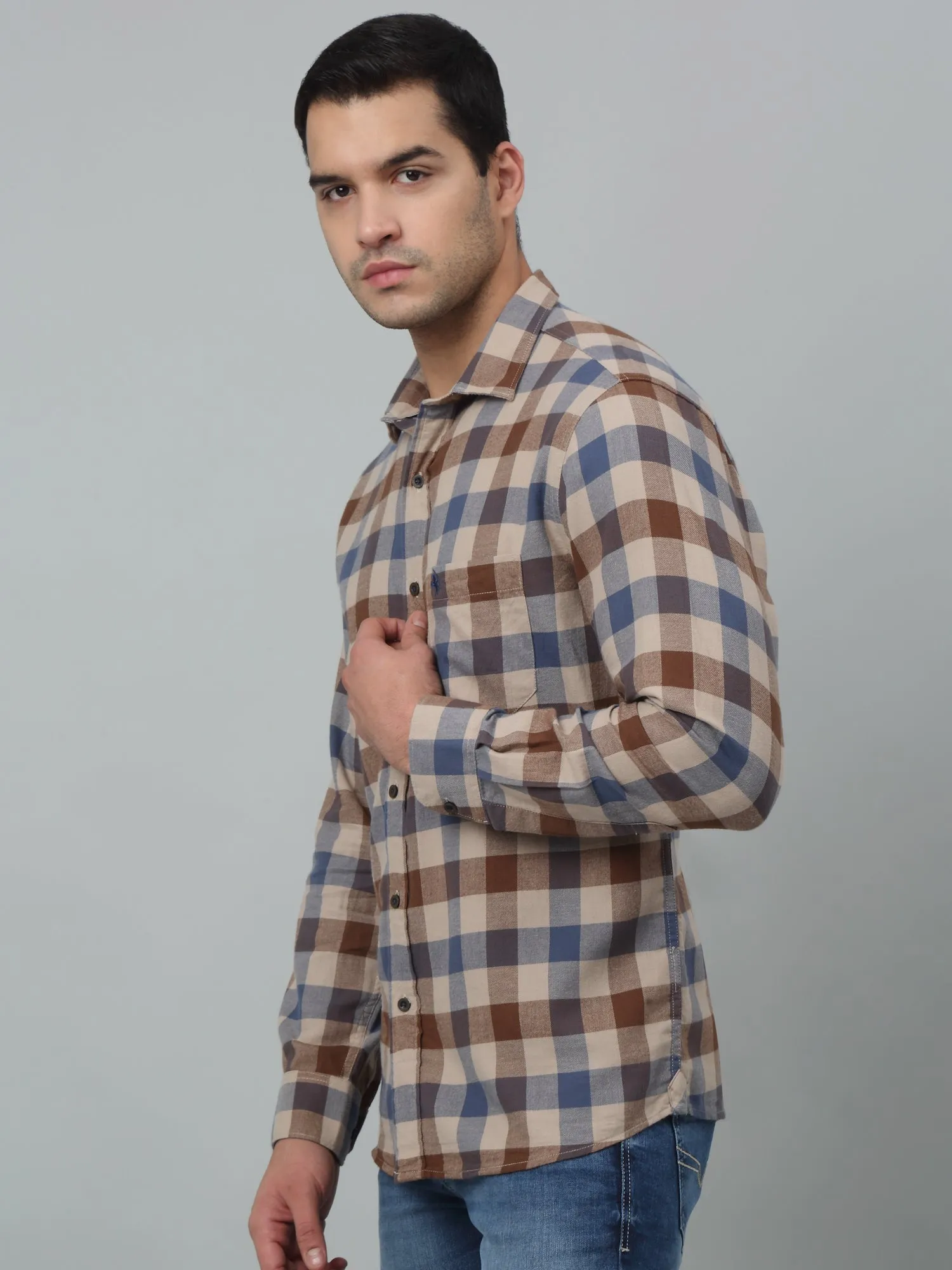 Men's Beige Casual Brushed Medium Checks Full Sleeve Shirt