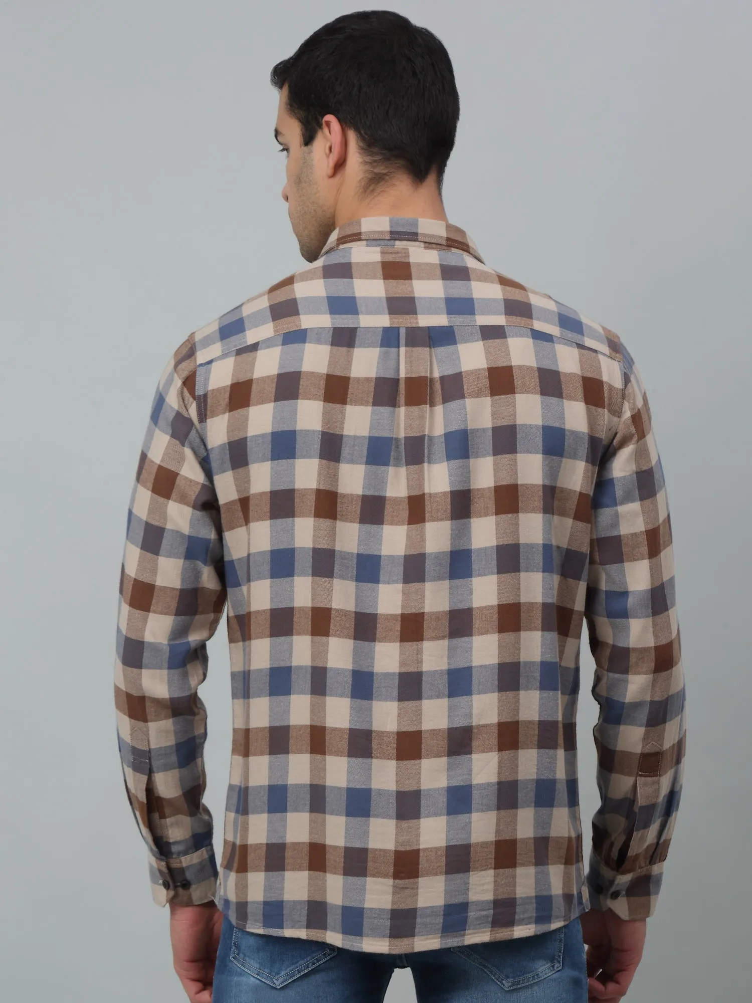 Men's Beige Casual Brushed Medium Checks Full Sleeve Shirt