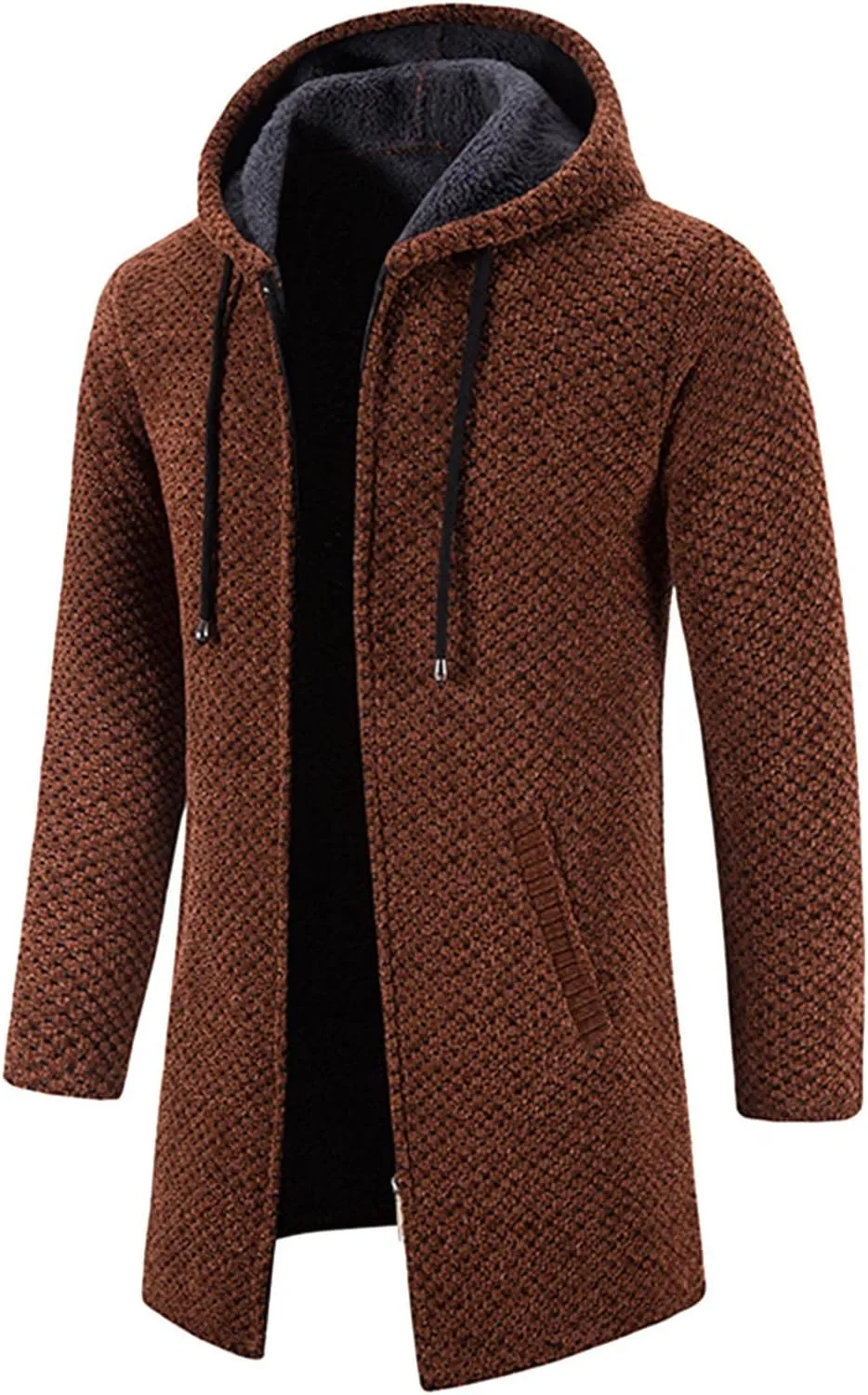 Mens Cardigan Hoodie Sweaters Full Zip Fleece Lined Thermal Knitted Sweater Long Sleeve Drawstring Hooded Sweatshirts