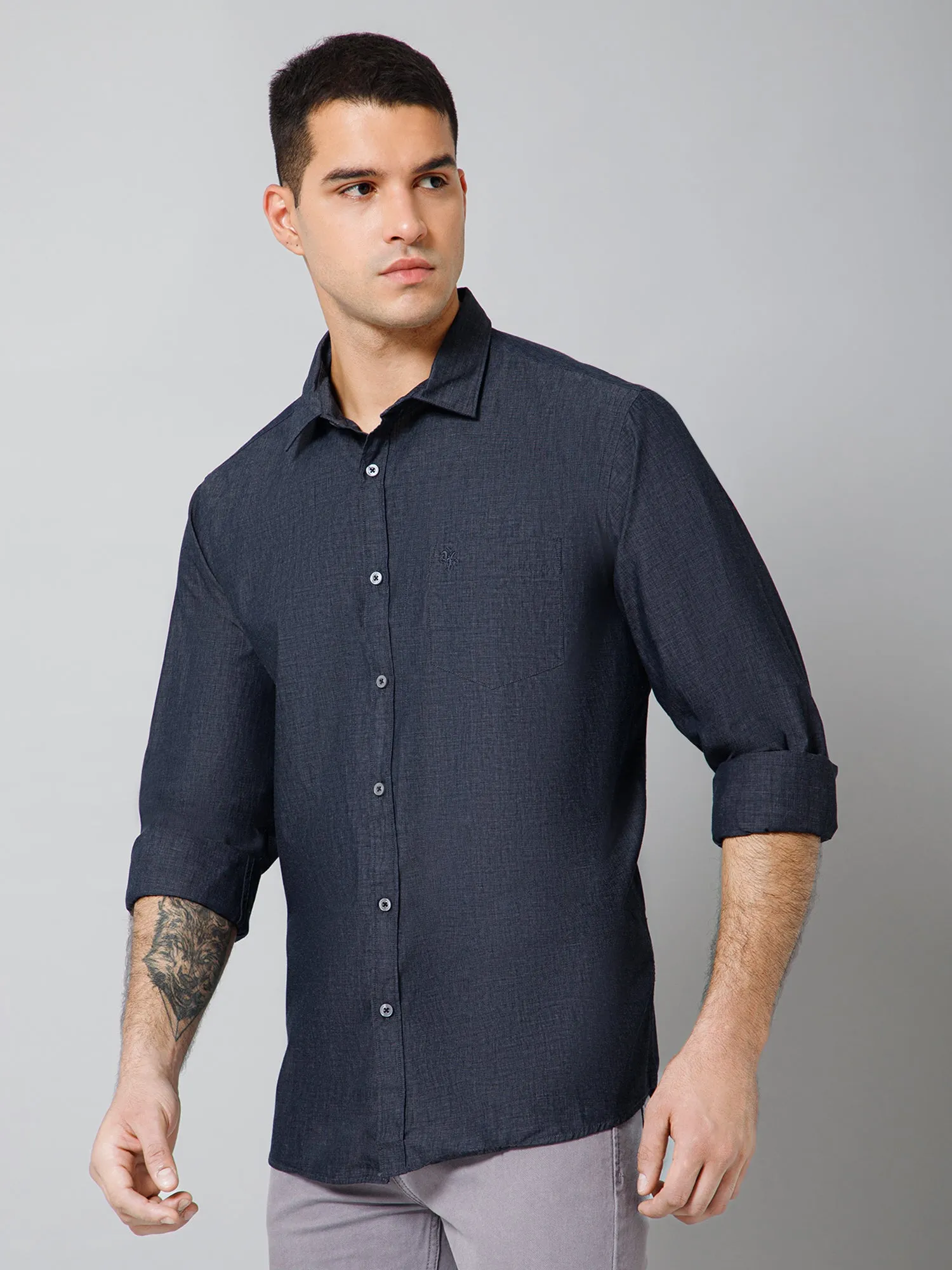 Men's Dark Grey Casual Fil a Fil Plain Full Sleeve Shirt