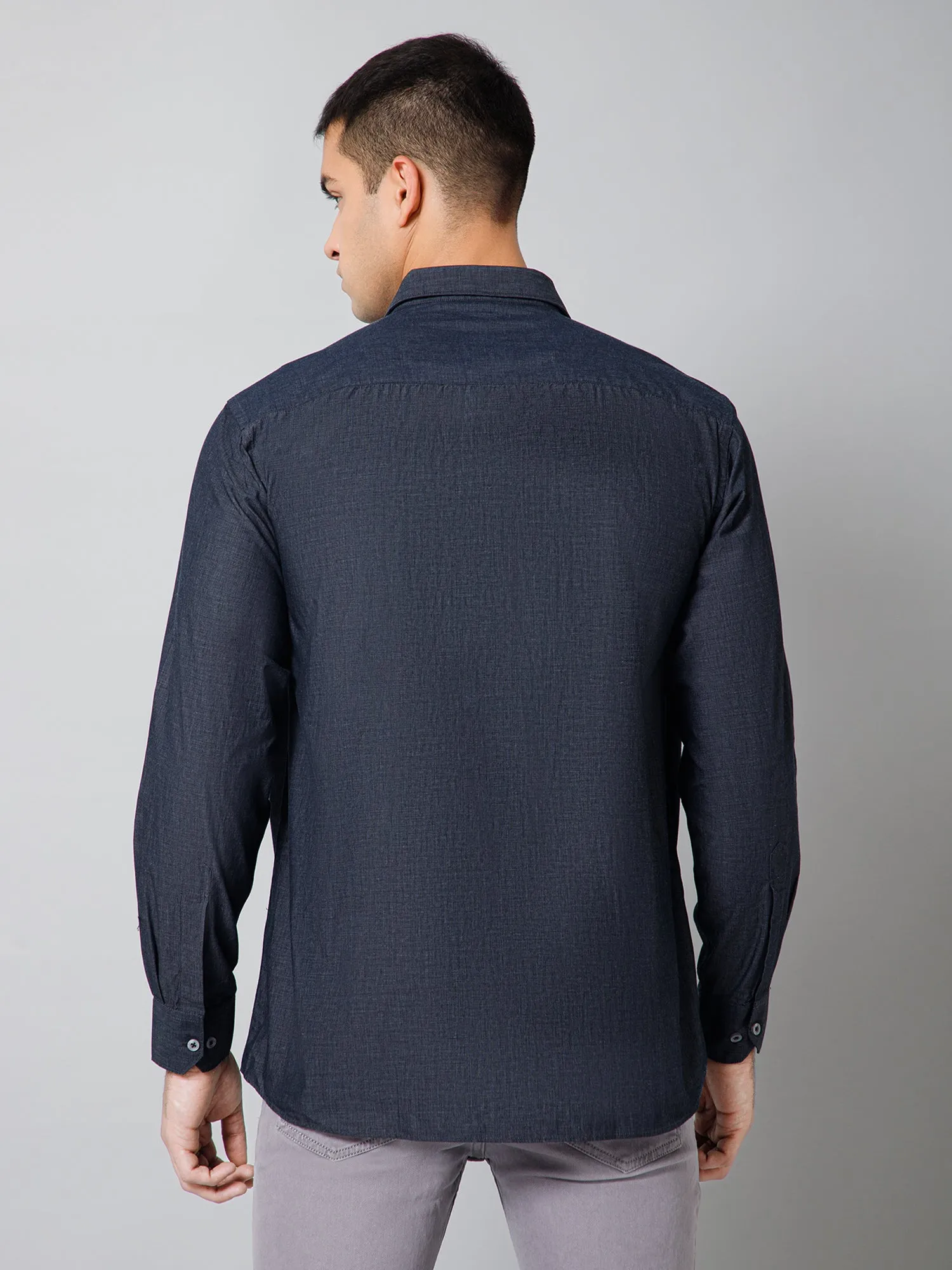Men's Dark Grey Casual Fil a Fil Plain Full Sleeve Shirt