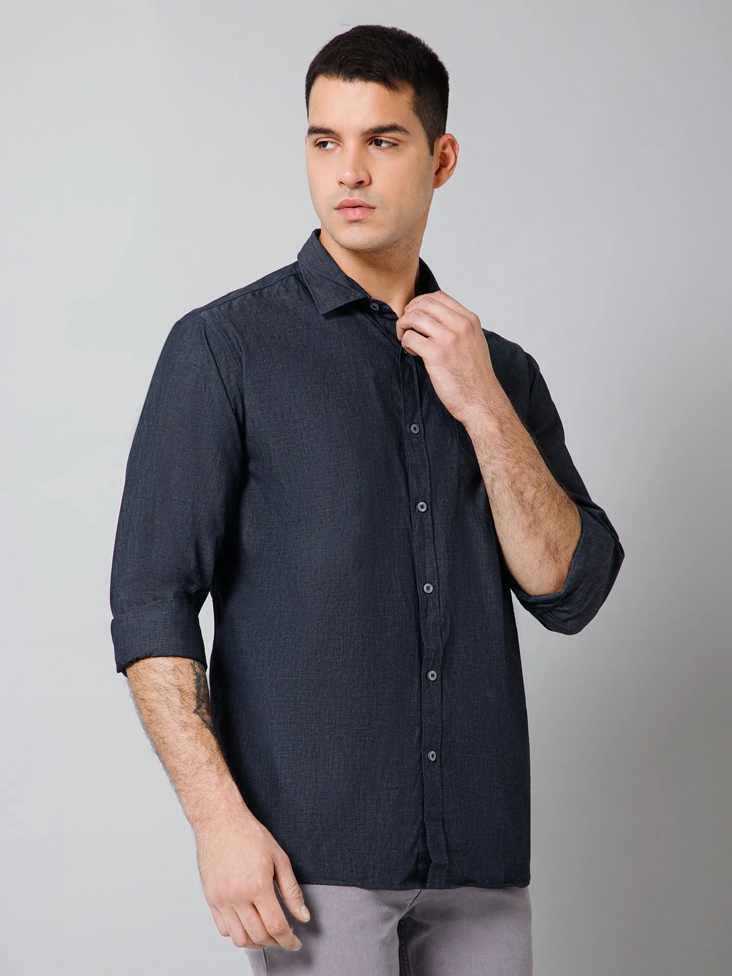 Men's Dark Grey Casual Fil a Fil Plain Full Sleeve Shirt