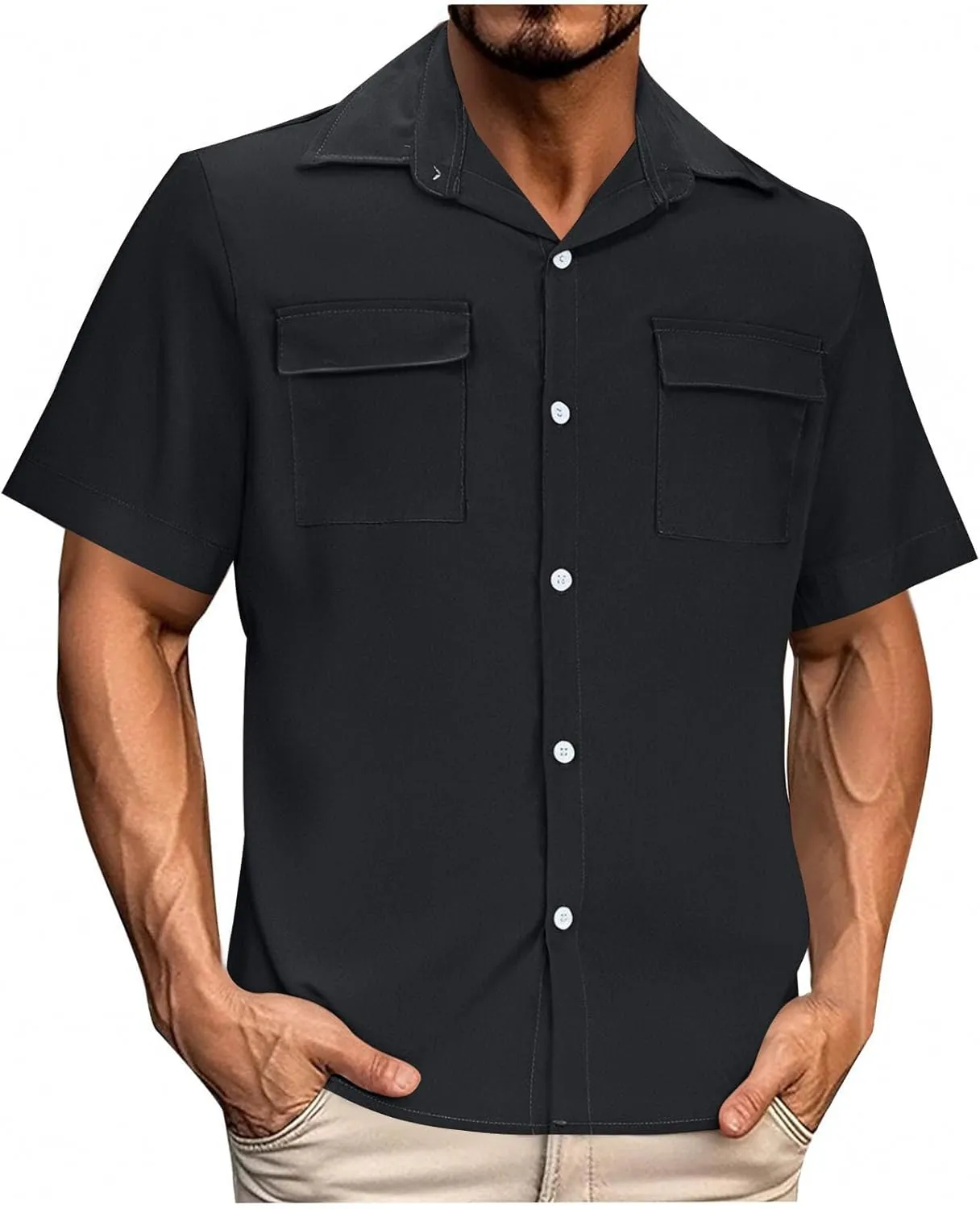 Mens Short Sleeve Button Down Shirts Summer Beach Dressy Casual Loose Lapel Collar Work Business Tops with Pockets