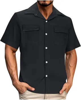 Mens Short Sleeve Button Down Shirts Summer Beach Dressy Casual Loose Lapel Collar Work Business Tops with Pockets