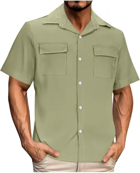 Mens Short Sleeve Button Down Shirts Summer Beach Dressy Casual Loose Lapel Collar Work Business Tops with Pockets