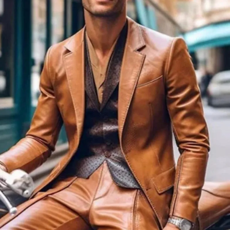 Men's Tailored Fit Single Breasted Two-buttons 2 Pieces PU Leather Party Suits Wedding Suits