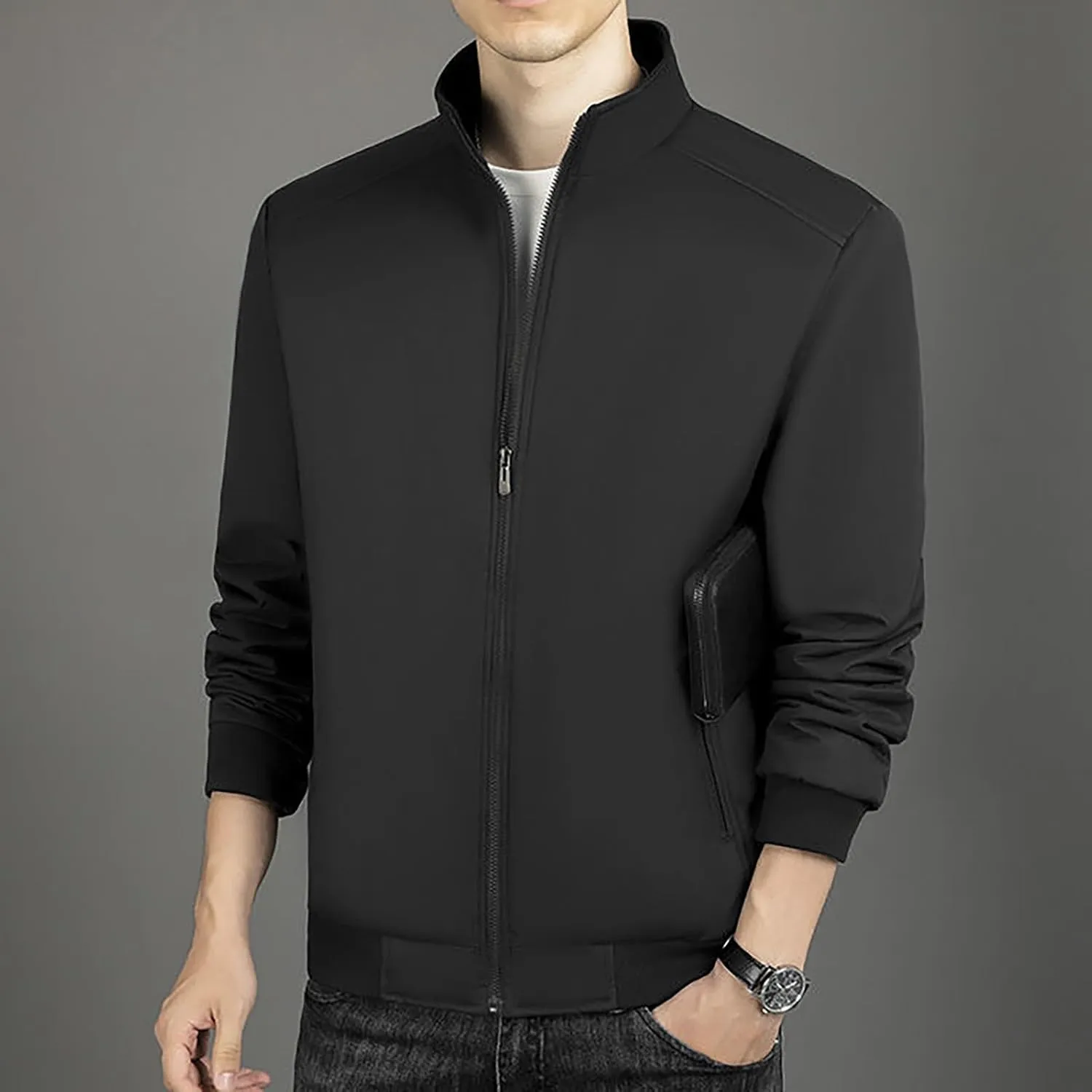Mens Winter Golf Jackets Sherpa Lined Stand Collar Full Zip Warm Windbreaker Jackets Winter Softshell Bomber Jacket