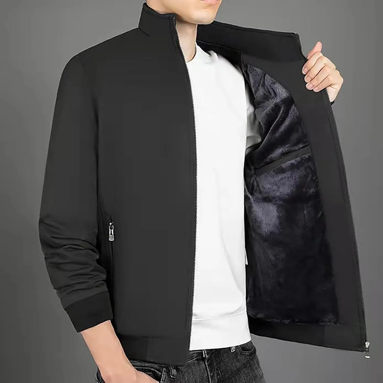 Mens Winter Golf Jackets Sherpa Lined Stand Collar Full Zip Warm Windbreaker Jackets Winter Softshell Bomber Jacket