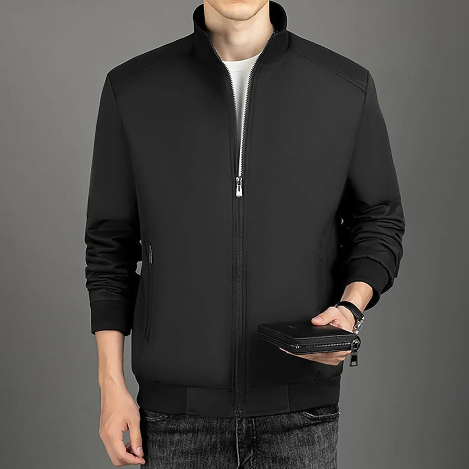Mens Winter Golf Jackets Sherpa Lined Stand Collar Full Zip Warm Windbreaker Jackets Winter Softshell Bomber Jacket