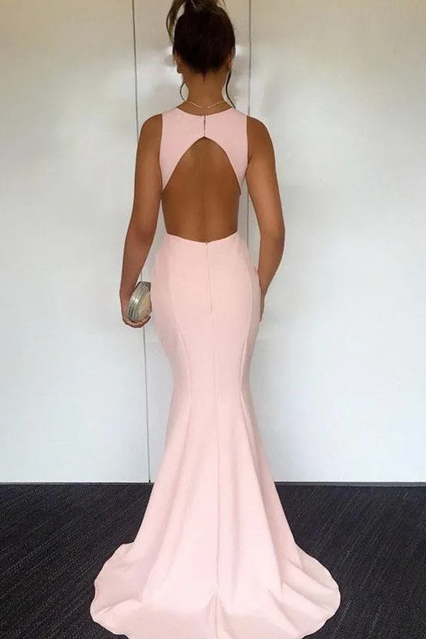 Mermaid Round Neck Sweep Train Pearl Pink Open Back Prom Dress PG456