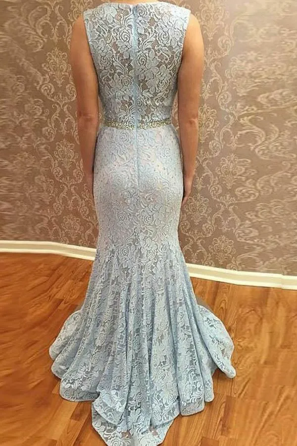 Mermaid Square Neck Sweep Train Blue Lace Prom Dress with Beading  PG427