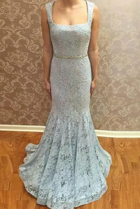 Mermaid Square Neck Sweep Train Blue Lace Prom Dress with Beading  PG427