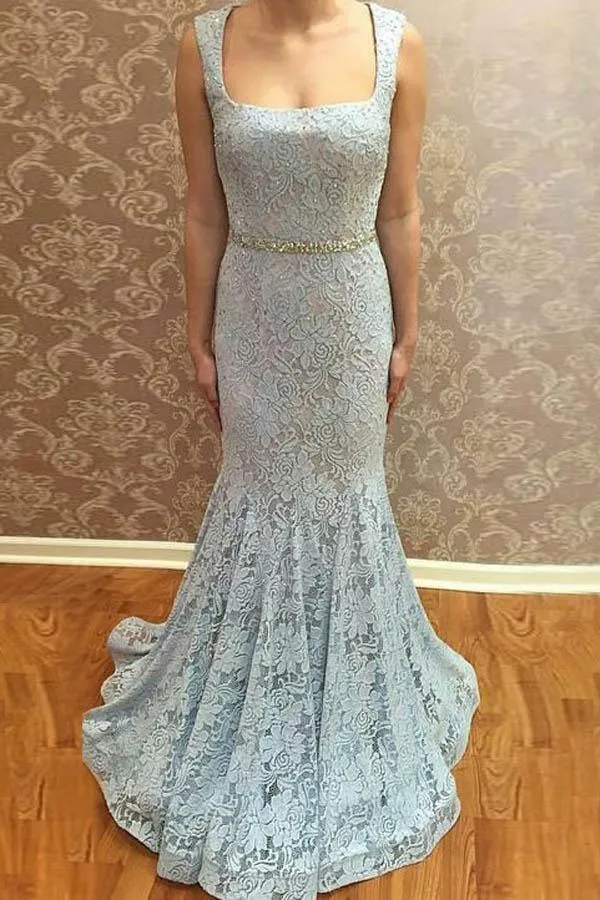 Mermaid Square Neck Sweep Train Blue Lace Prom Dress with Beading  PG427