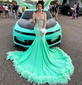 Mint Green Feathers Sliver Crystal Beading Prom Dresses Luxury Gowns Mermaid Dress For Party Wedding Evening O Neck Formal
