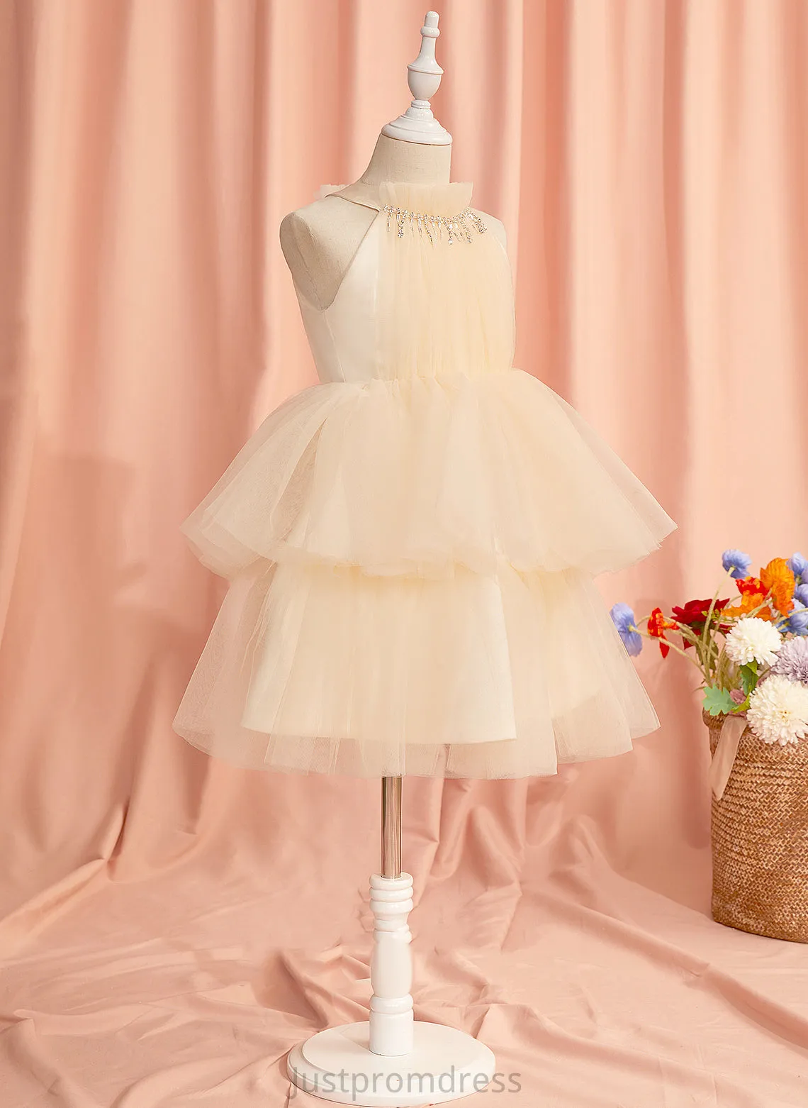 Neck Dress Knee-length Flower Rhinestone Sleeveless Girl Lucile High Ball-Gown/Princess - Flower Girl Dresses Tulle With