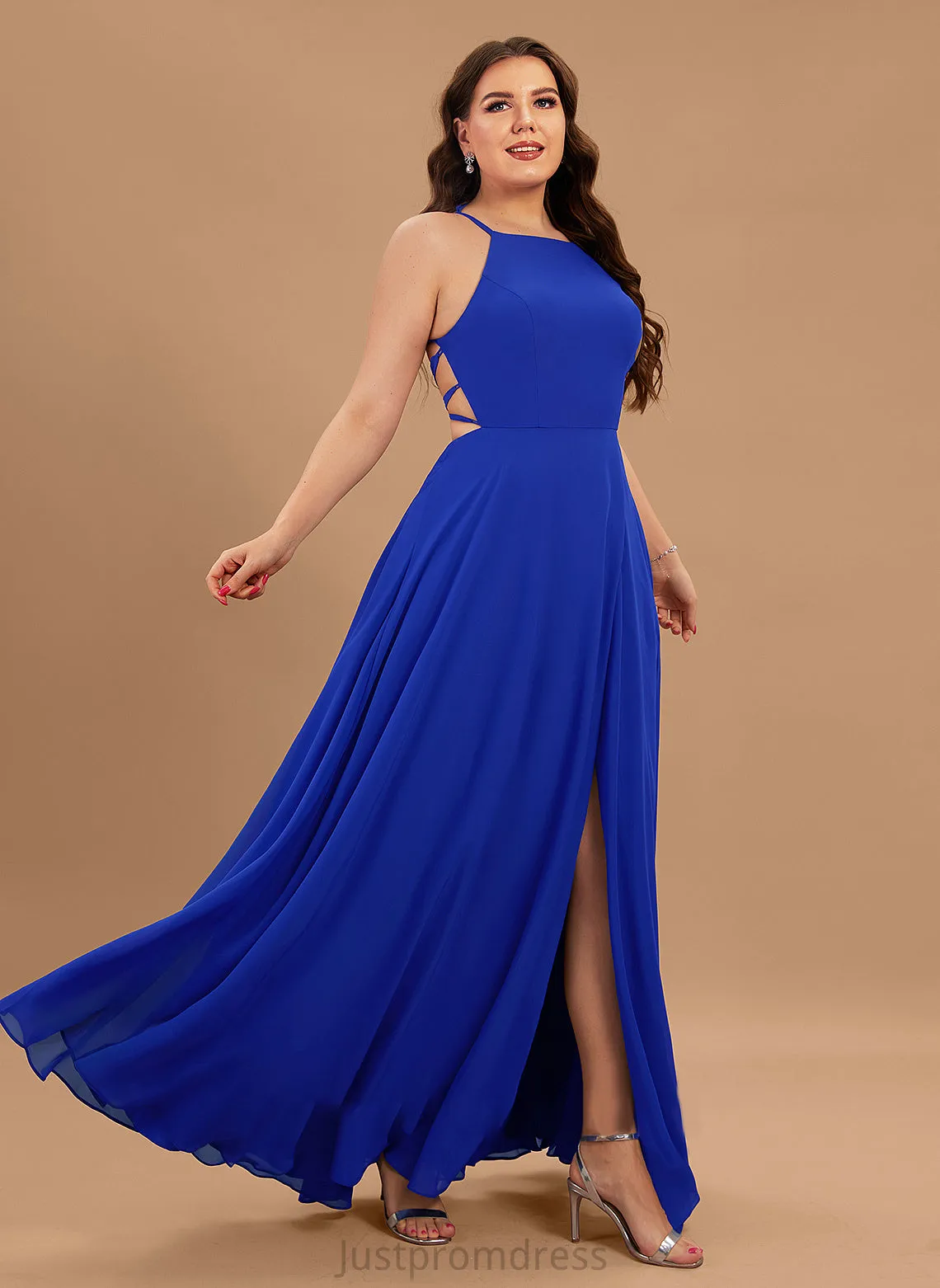 Neck Prom Dresses Chiffon Scoop Split Front With Floor-Length A-Line Maya