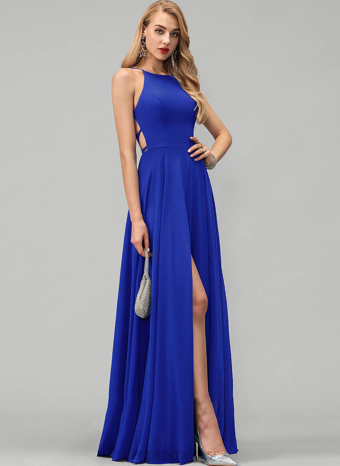 Neck Prom Dresses Chiffon Scoop Split Front With Floor-Length A-Line Maya