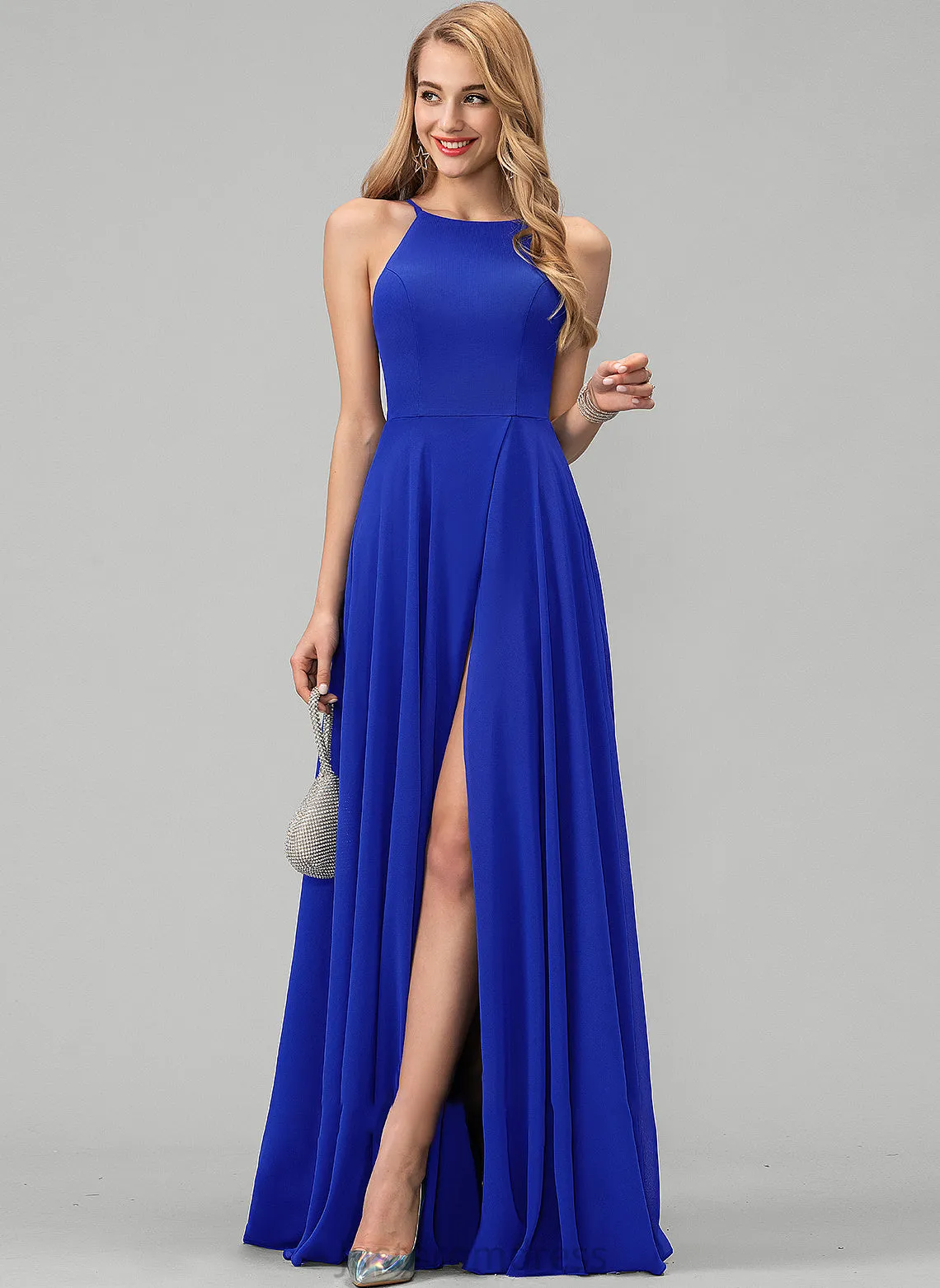 Neck Prom Dresses Chiffon Scoop Split Front With Floor-Length A-Line Maya