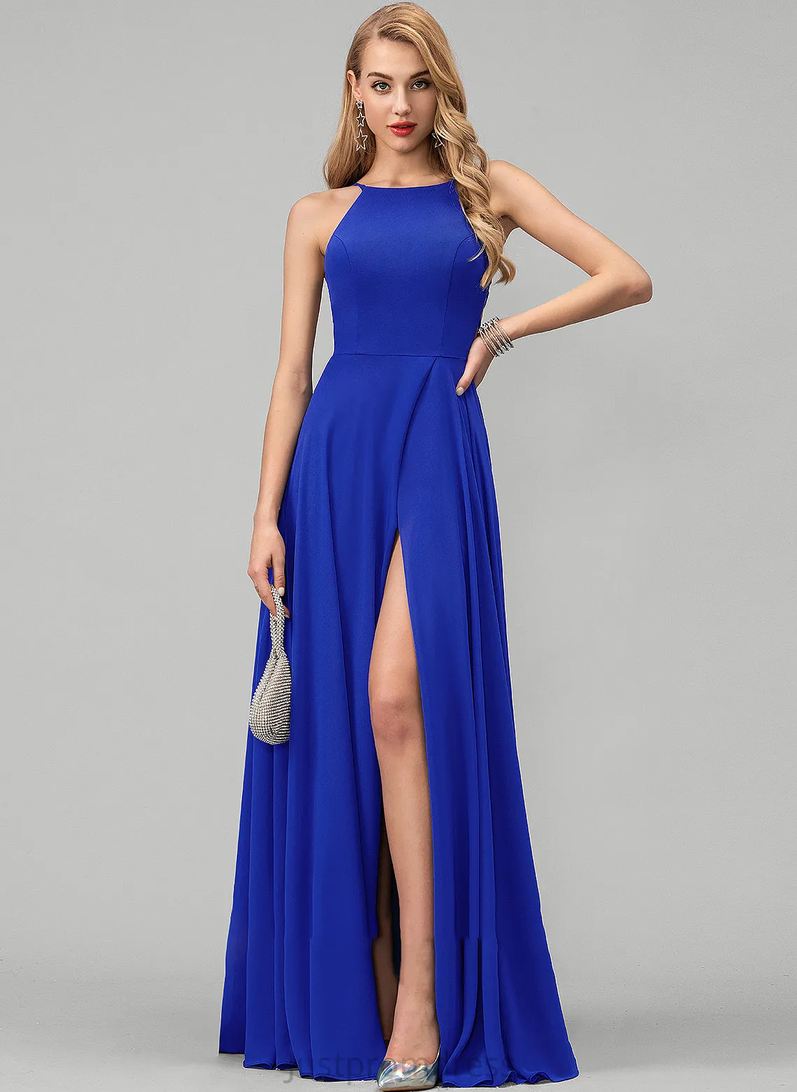 Neck Prom Dresses Chiffon Scoop Split Front With Floor-Length A-Line Maya