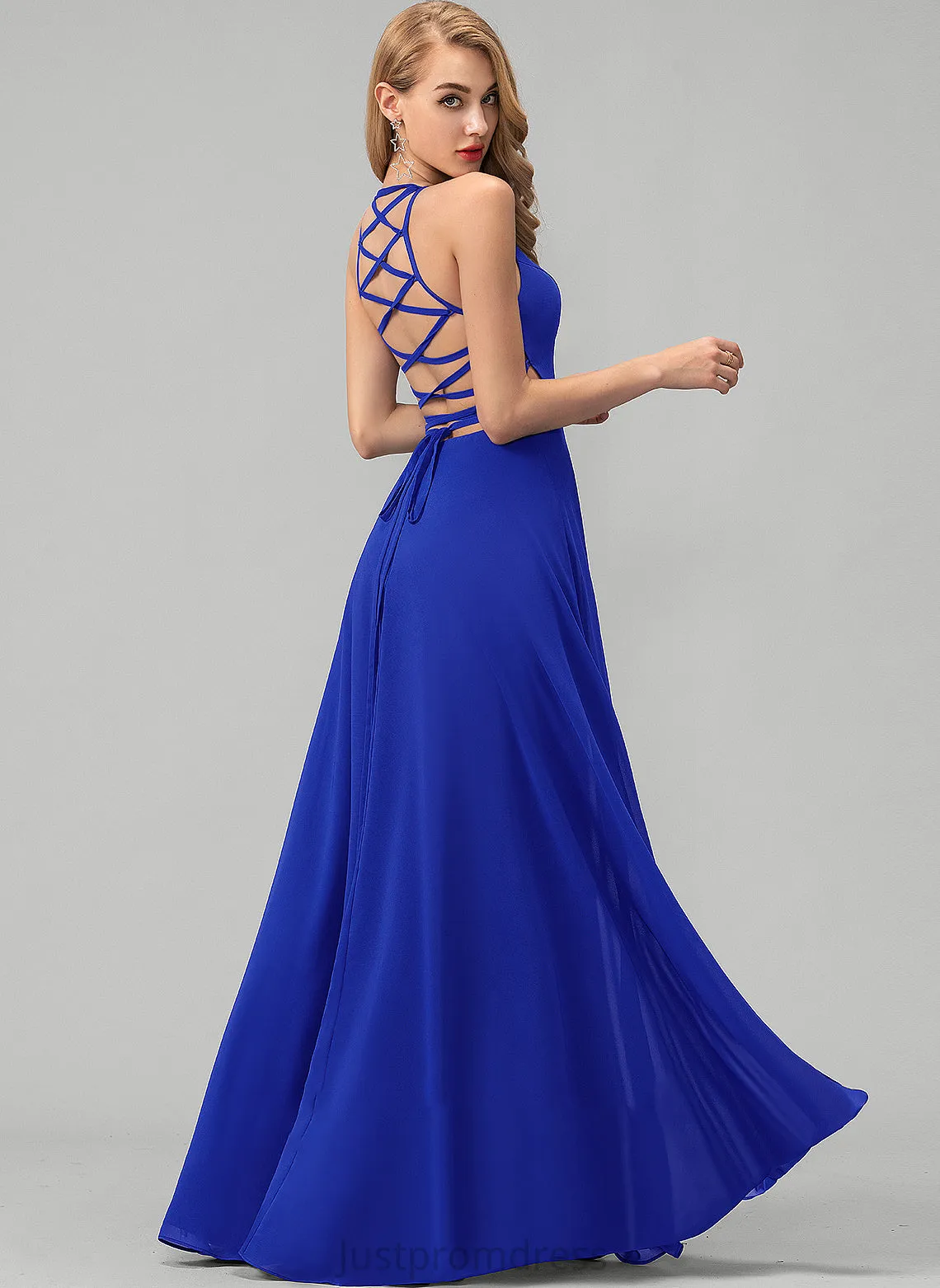 Neck Prom Dresses Chiffon Scoop Split Front With Floor-Length A-Line Maya