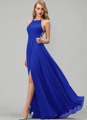 Neck Prom Dresses Chiffon Scoop Split Front With Floor-Length A-Line Maya