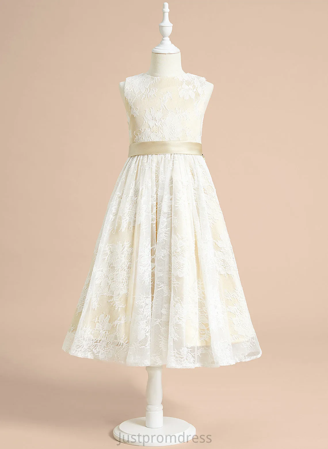 Neck Satin/Lace - With Girl A-Line Tea-length Sleeveless Bow(s) Flower Girl Dresses Flower Scoop Polly Dress