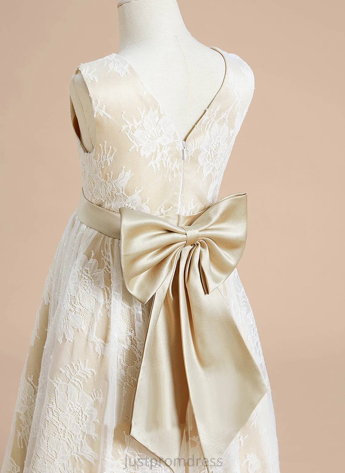 Neck Satin/Lace - With Girl A-Line Tea-length Sleeveless Bow(s) Flower Girl Dresses Flower Scoop Polly Dress
