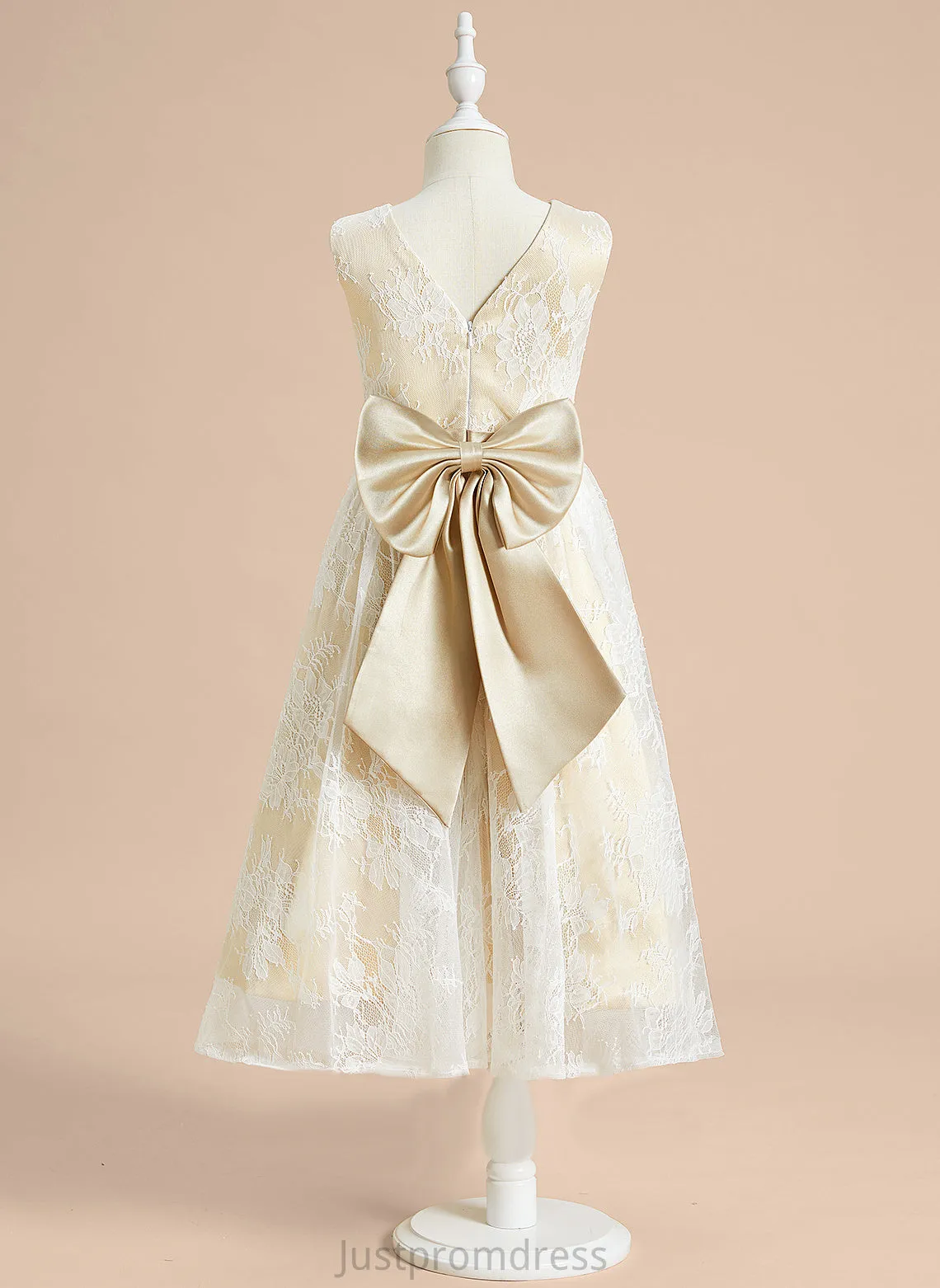 Neck Satin/Lace - With Girl A-Line Tea-length Sleeveless Bow(s) Flower Girl Dresses Flower Scoop Polly Dress