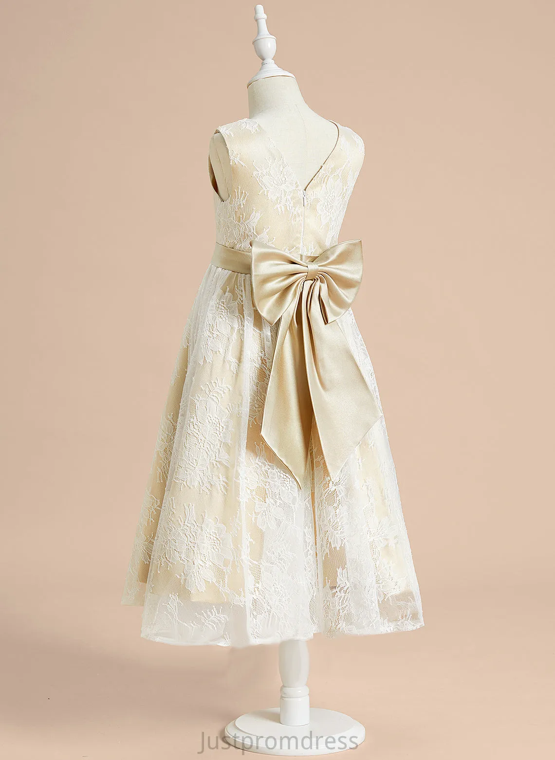 Neck Satin/Lace - With Girl A-Line Tea-length Sleeveless Bow(s) Flower Girl Dresses Flower Scoop Polly Dress