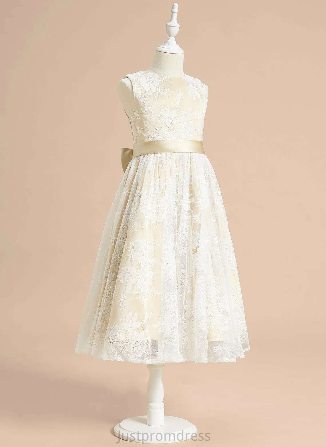 Neck Satin/Lace - With Girl A-Line Tea-length Sleeveless Bow(s) Flower Girl Dresses Flower Scoop Polly Dress