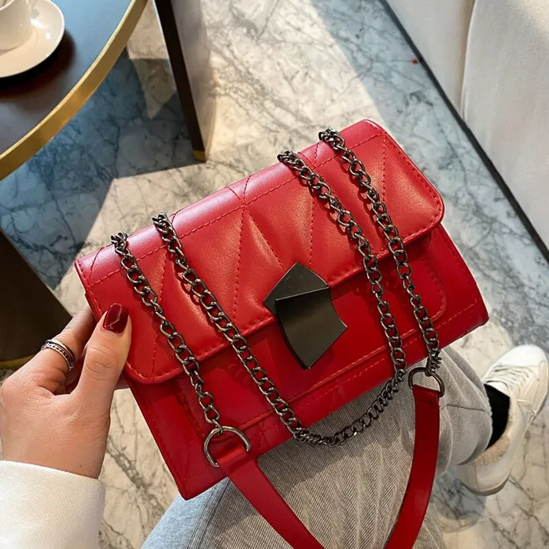 New Fashion Handbag for Women High Quality Pu Leather Shoulder Bag Chain Strap Female Crossbody Bag Line Grid Square Bags