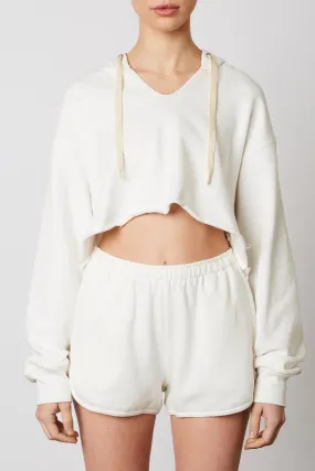 Notched Cropped Raw Hem Hoodie Sweatshirt