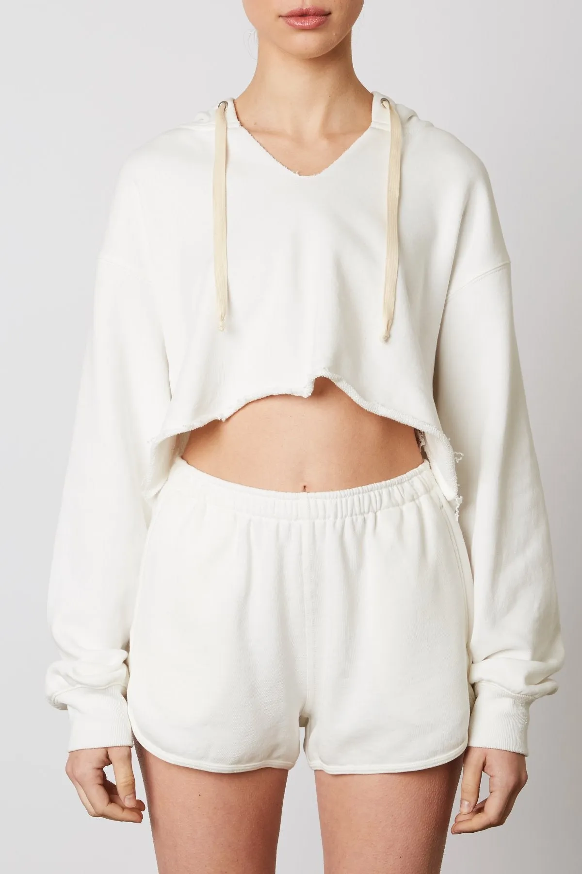 Notched Cropped Raw Hem Hoodie Sweatshirt