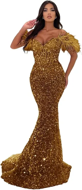 Off Shoulder Sweetheart Mermaid Prom Dresses 2024 Long Sparkly Sequin Feathers Sheath Formal Evening Party Gowns with Train
