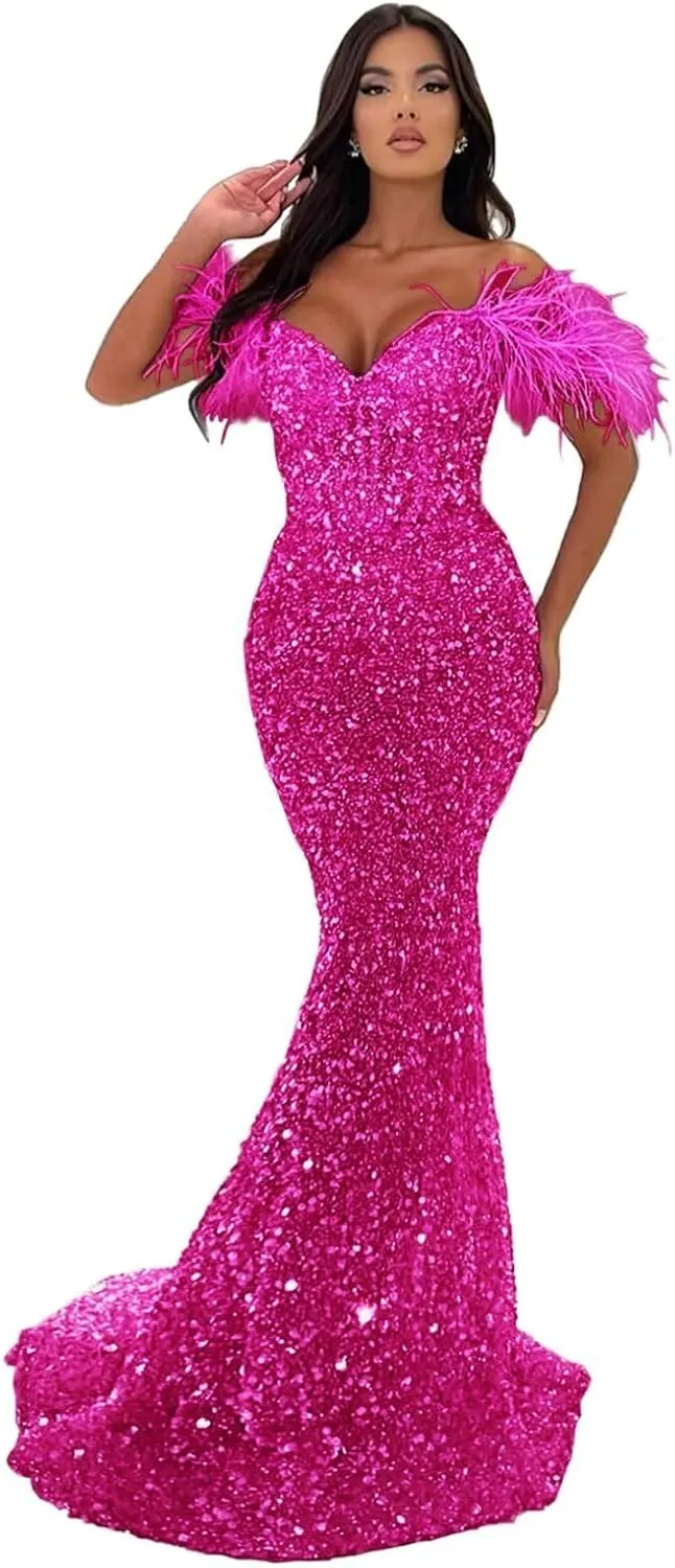 Off Shoulder Sweetheart Mermaid Prom Dresses 2024 Long Sparkly Sequin Feathers Sheath Formal Evening Party Gowns with Train