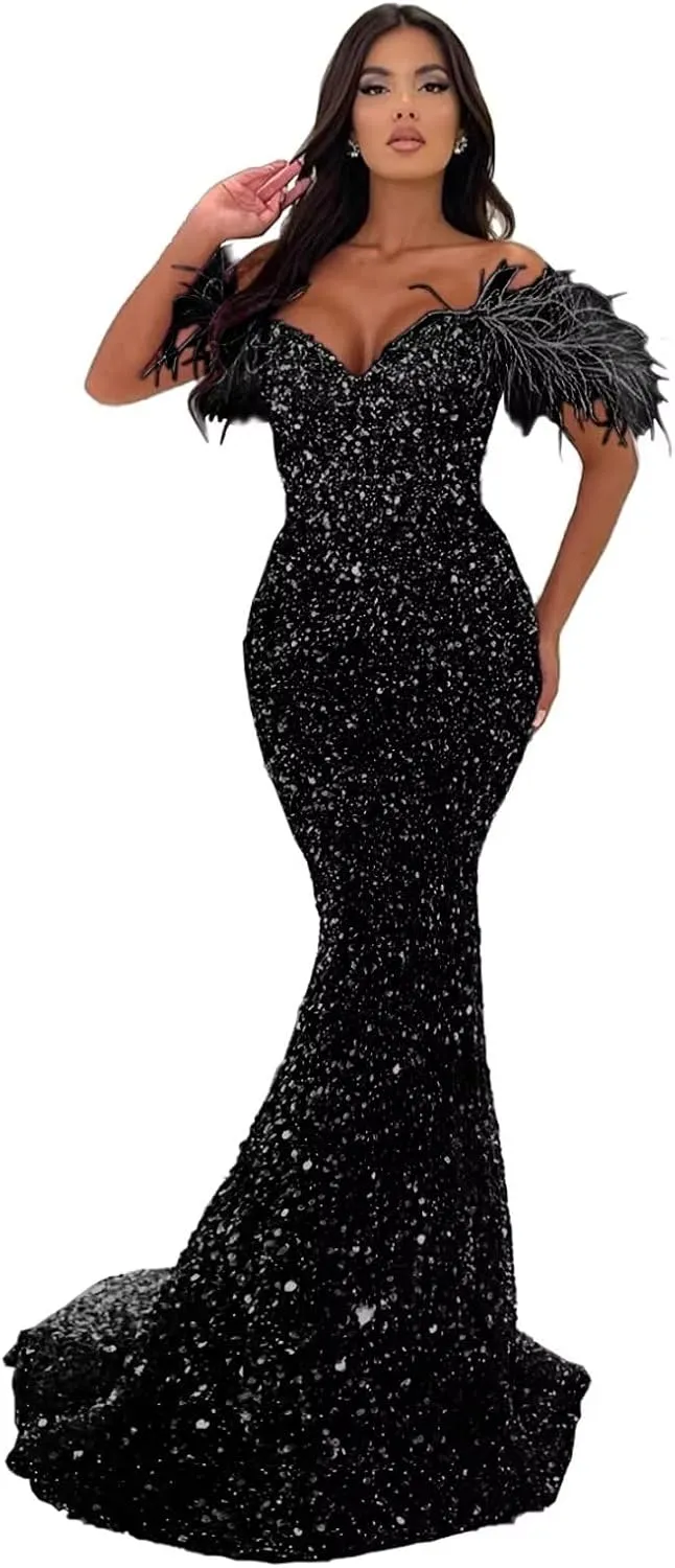Off Shoulder Sweetheart Mermaid Prom Dresses 2024 Long Sparkly Sequin Feathers Sheath Formal Evening Party Gowns with Train