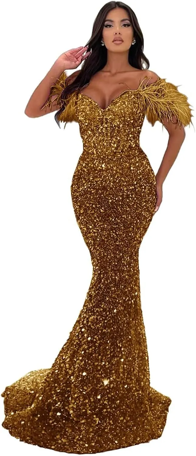 Off Shoulder Sweetheart Mermaid Prom Dresses 2024 Long Sparkly Sequin Feathers Sheath Formal Evening Party Gowns with Train
