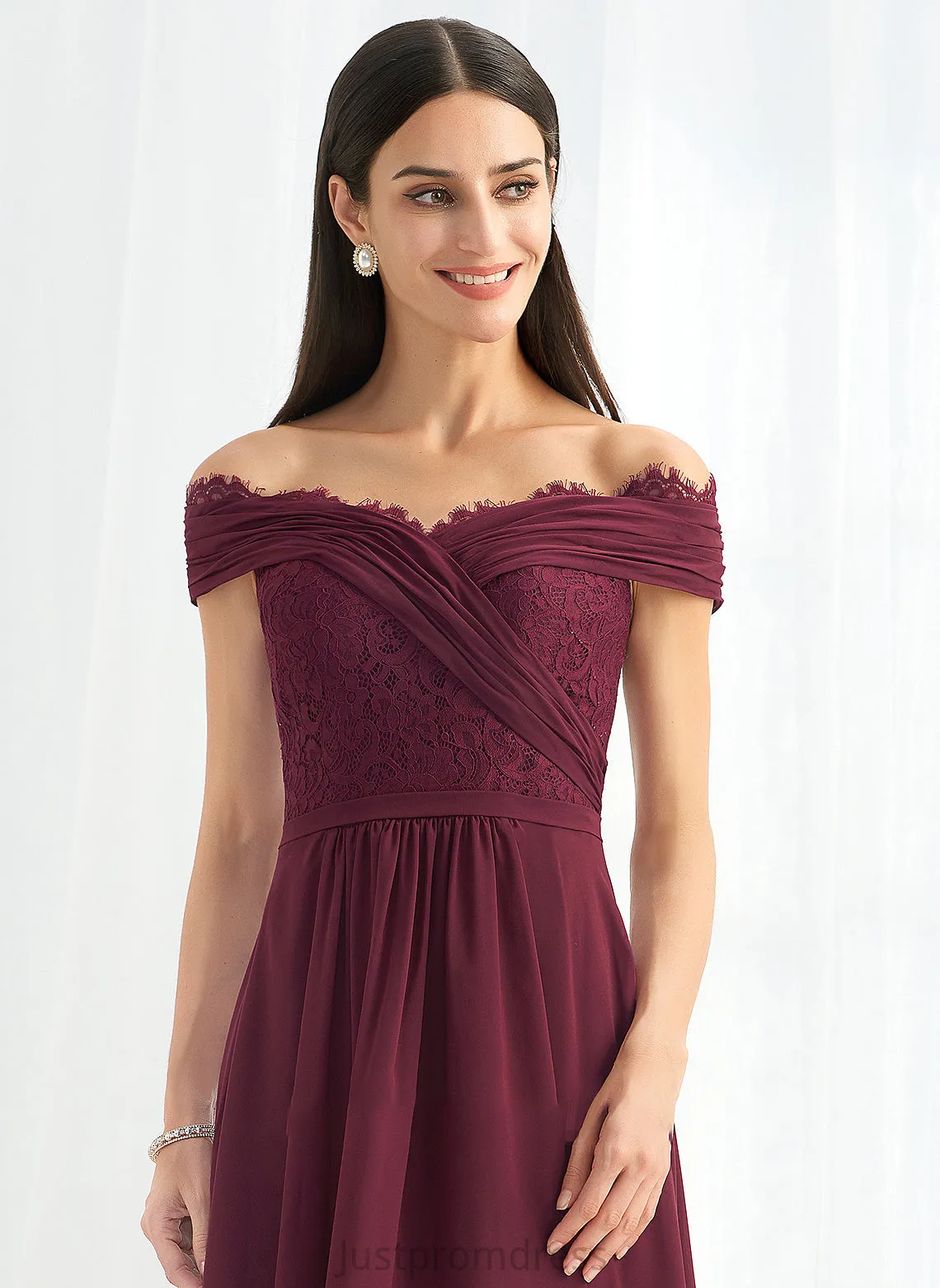 Off-the-Shoulder A-Line Silhouette Neckline Length Embellishment Asymmetrical Lace Fabric Frederica Trumpet/Mermaid Spaghetti Staps Bridesmaid Dresses