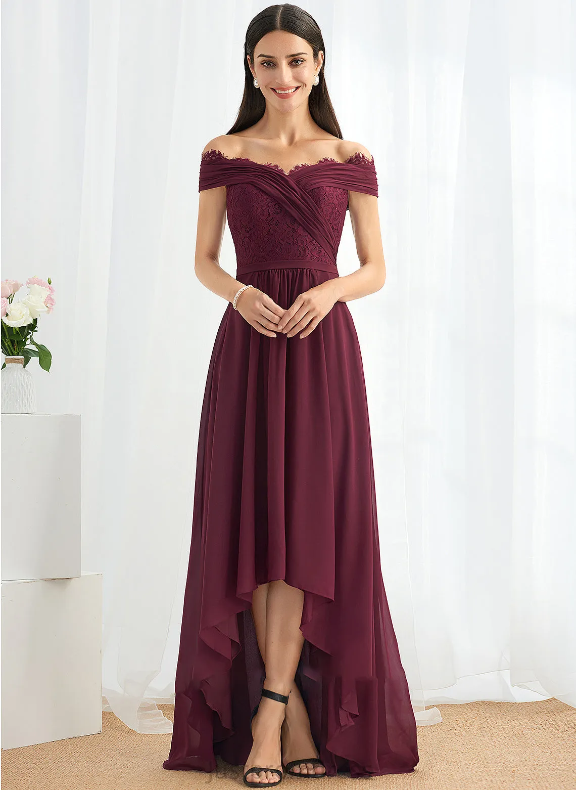 Off-the-Shoulder A-Line Silhouette Neckline Length Embellishment Asymmetrical Lace Fabric Frederica Trumpet/Mermaid Spaghetti Staps Bridesmaid Dresses