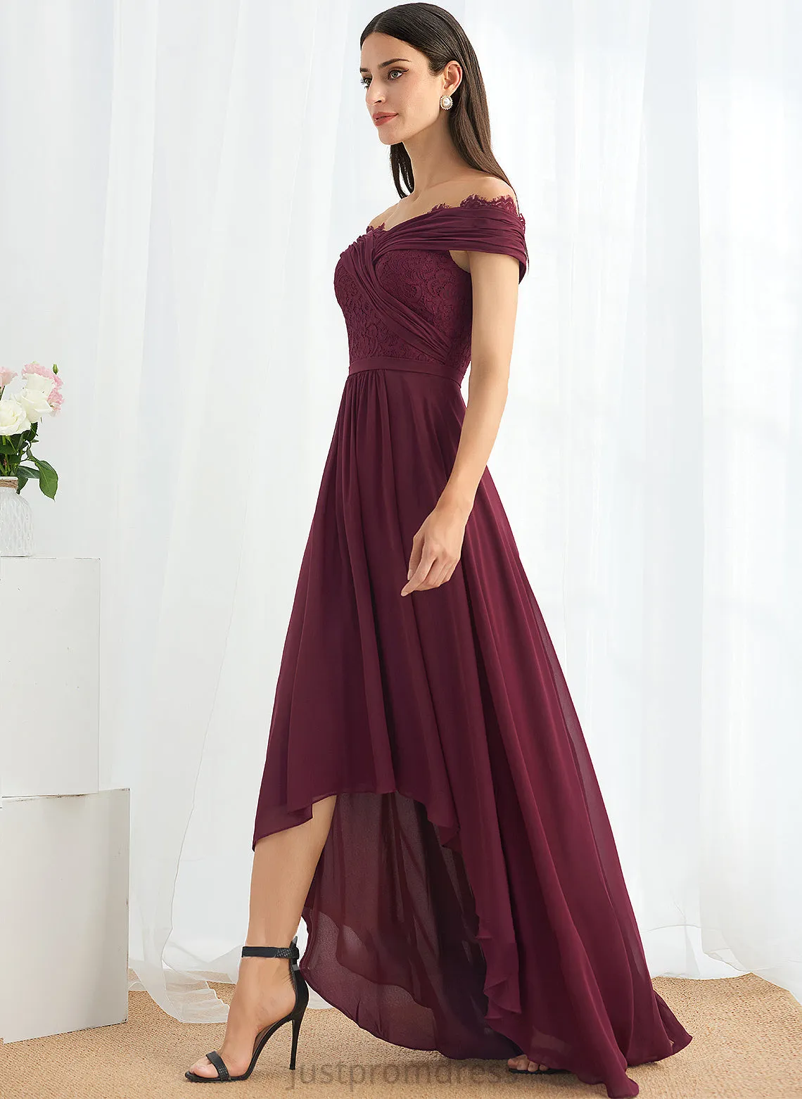 Off-the-Shoulder A-Line Silhouette Neckline Length Embellishment Asymmetrical Lace Fabric Frederica Trumpet/Mermaid Spaghetti Staps Bridesmaid Dresses