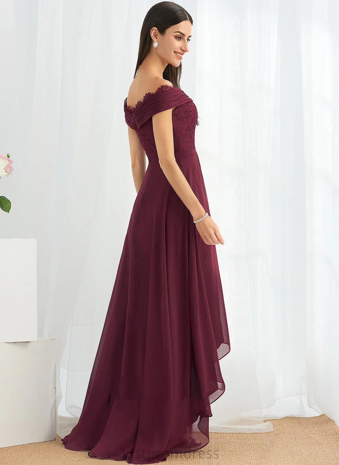Off-the-Shoulder A-Line Silhouette Neckline Length Embellishment Asymmetrical Lace Fabric Frederica Trumpet/Mermaid Spaghetti Staps Bridesmaid Dresses