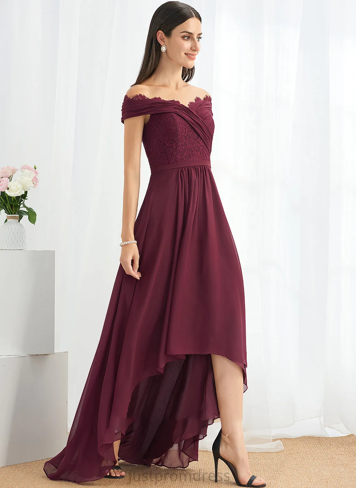 Off-the-Shoulder A-Line Silhouette Neckline Length Embellishment Asymmetrical Lace Fabric Frederica Trumpet/Mermaid Spaghetti Staps Bridesmaid Dresses
