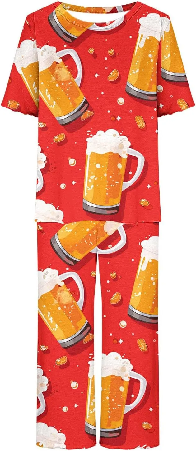 Oktoberfest Womens Pajama Sets Comfy 2 Piece Lounge Outfits Short Sleeve T-Shirts and Capri Pants Soft Sleepwear