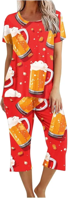 Oktoberfest Womens Pajama Sets Comfy 2 Piece Lounge Outfits Short Sleeve T-Shirts and Capri Pants Soft Sleepwear