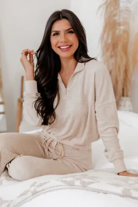 On Another Note Beige Terrycloth Quarter Zip Pullover FINAL SALE